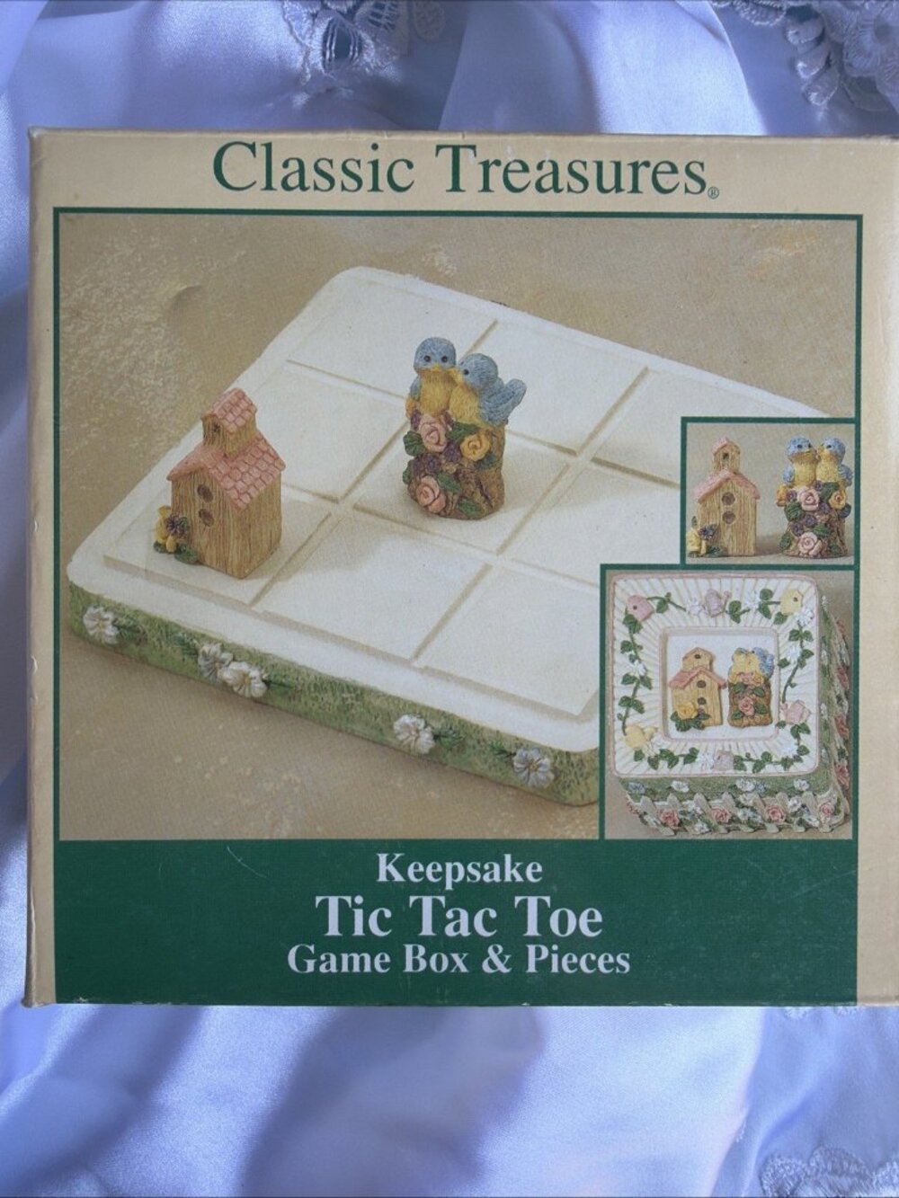 Classic Treasures TIC TAC TOE Keepsake Game Box & Pieces Bird House CottageCore